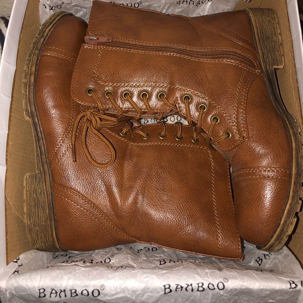 Women, Brown lace up, low heel, combat boots